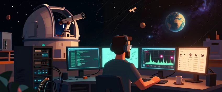 Illustrated workstation with telescope observatory, multiple monitors, and space view